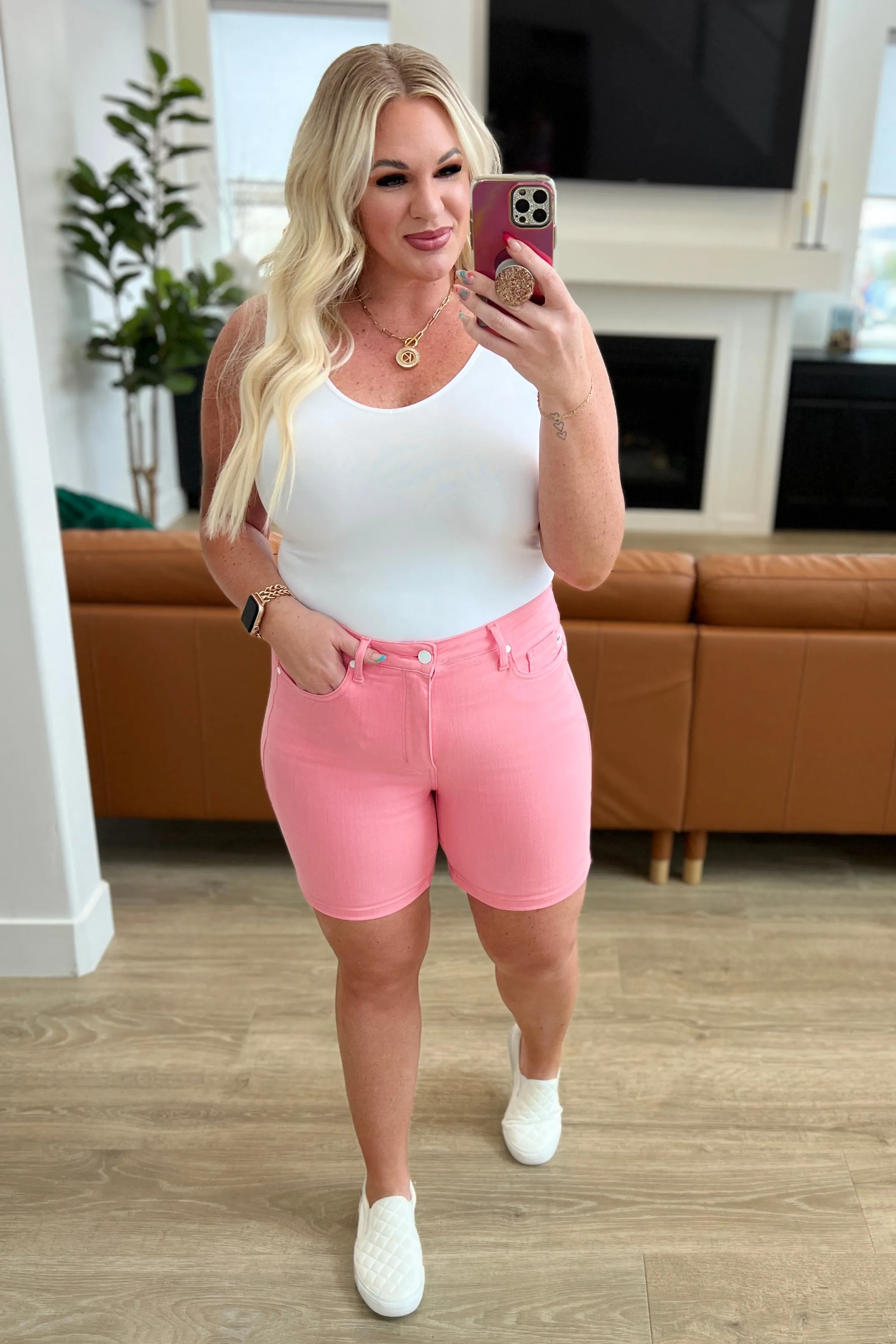 Judy Blue Pink Jenna High Rise Control Top Cuffed Shorts