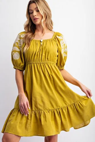 Kiwi Linen Embroidered Sleeve Dress