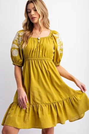Kiwi Linen Embroidered Sleeve Dress