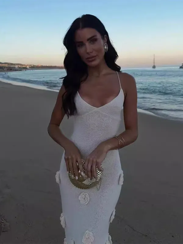 Knitted Sleeveless Maxi Dress with Embroidered Floral Appliqués