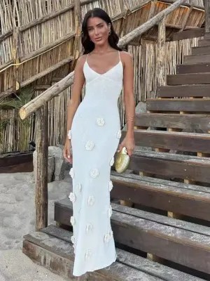 Knitted Sleeveless Maxi Dress with Embroidered Floral Appliqués