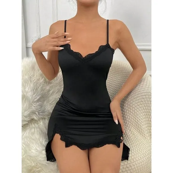 Lace Trim Split Hem Cami Lingerie Nightdress