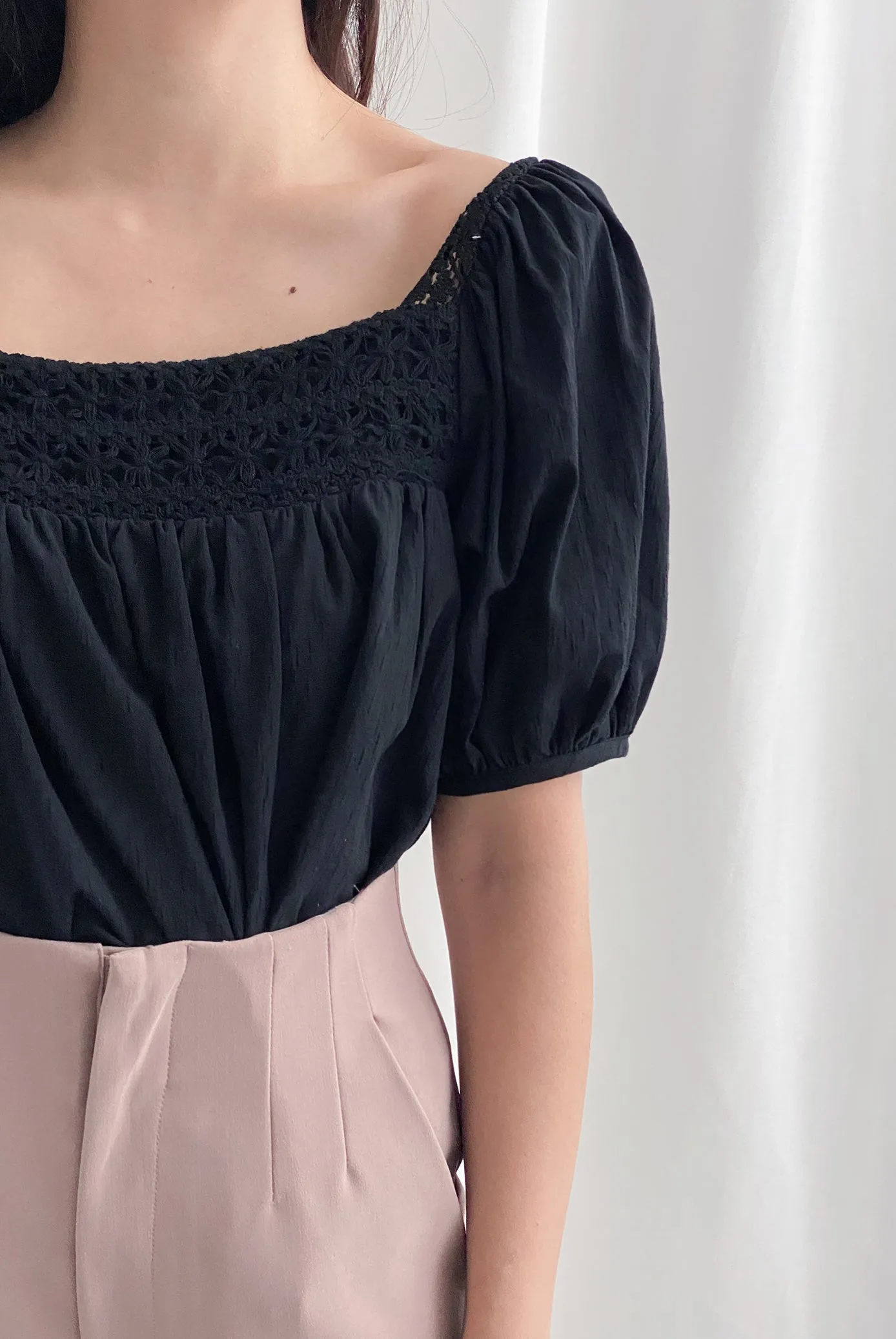Ladora Crochet Puffy Sleeve Top In Black