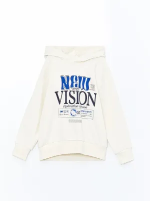Lcw Kids Ecru Hooded Printed Long Sleeve Boy'S Sweatshirt