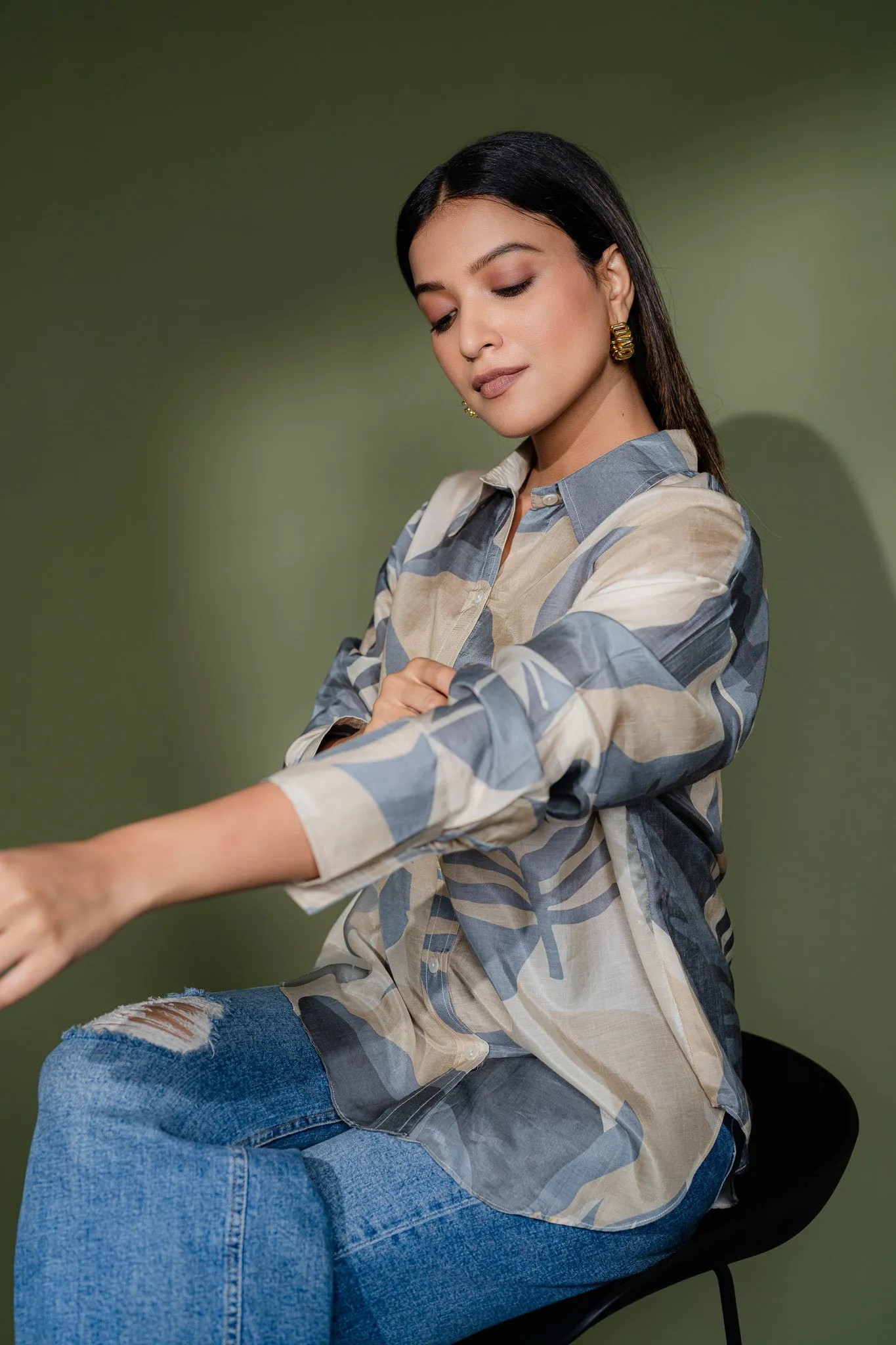 Leaf Printed Oversized Shirt
