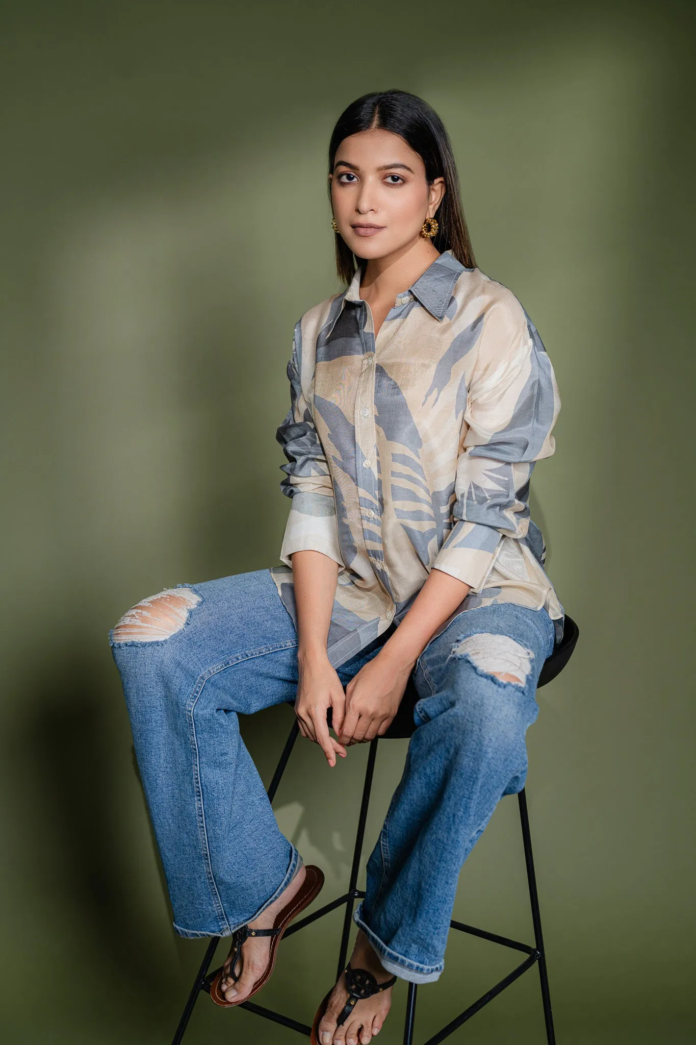 Leaf Printed Oversized Shirt