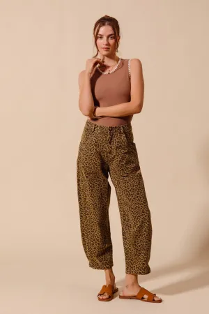 Leopard Print Twill Mid Rise Barrel Jeans