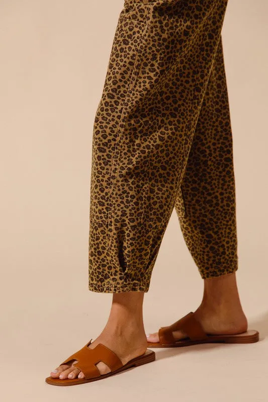 Leopard Print Twill Mid Rise Barrel Jeans