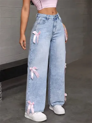 Light Wash Women’s Y2K Street Style Denim Jeans – Loose Straight Leg with Pink Bow Detail