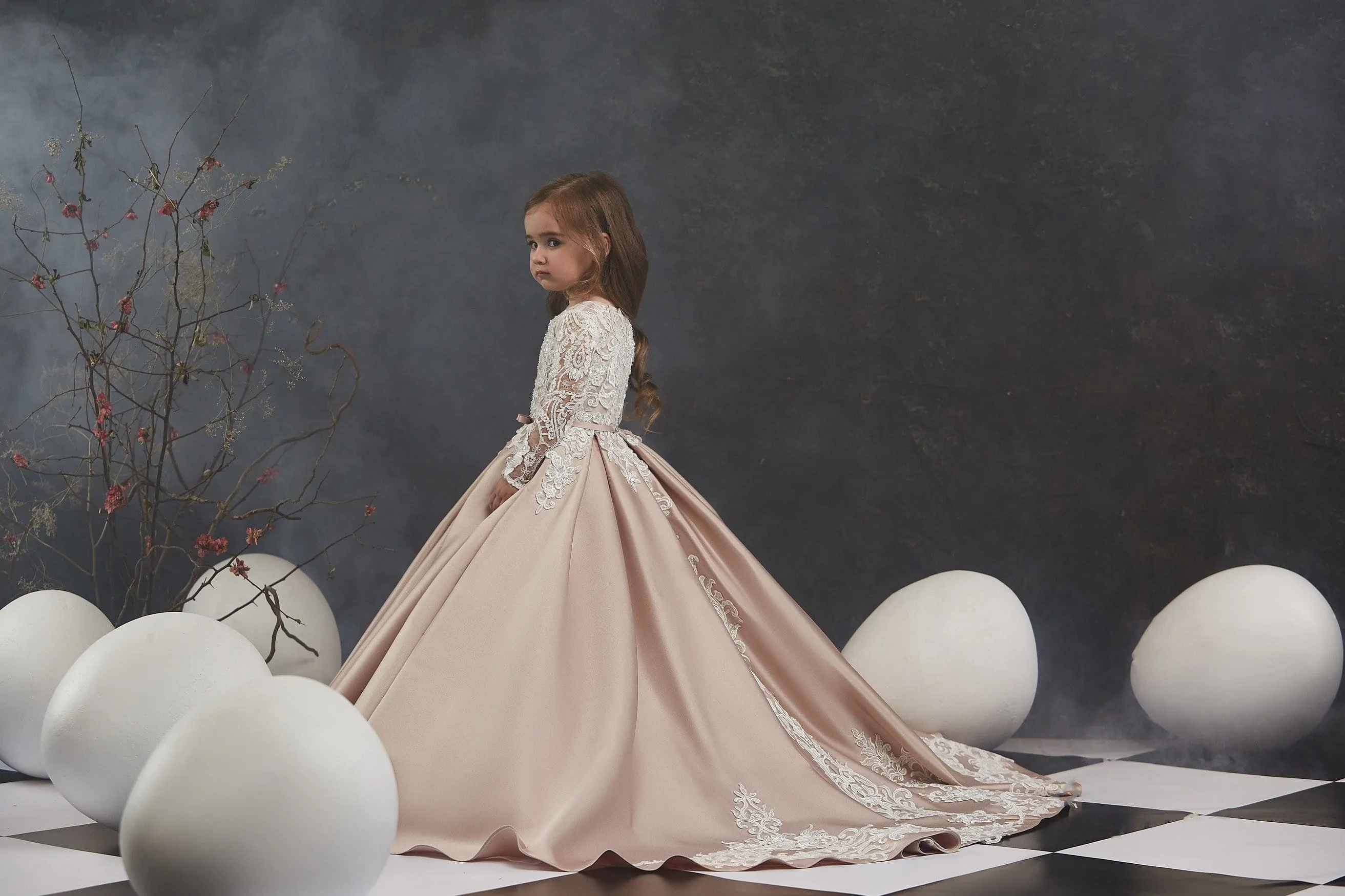 Long Sleeve Flower Girl Dress with Embroidered Train
