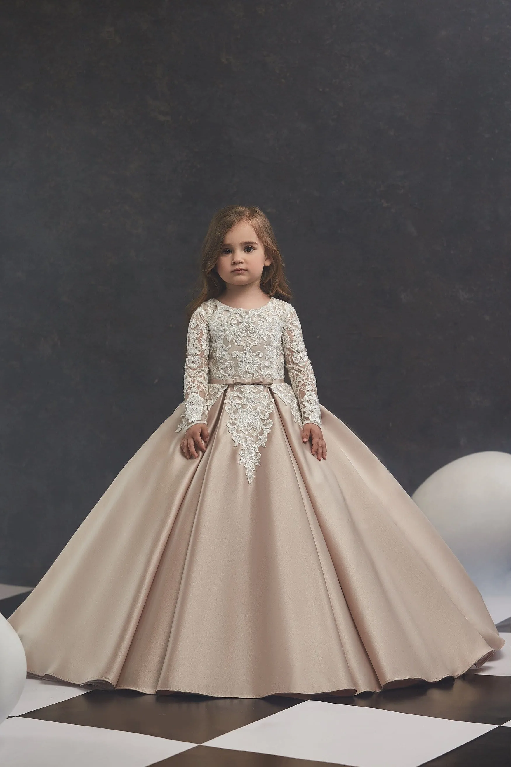 Long Sleeve Flower Girl Dress with Embroidered Train
