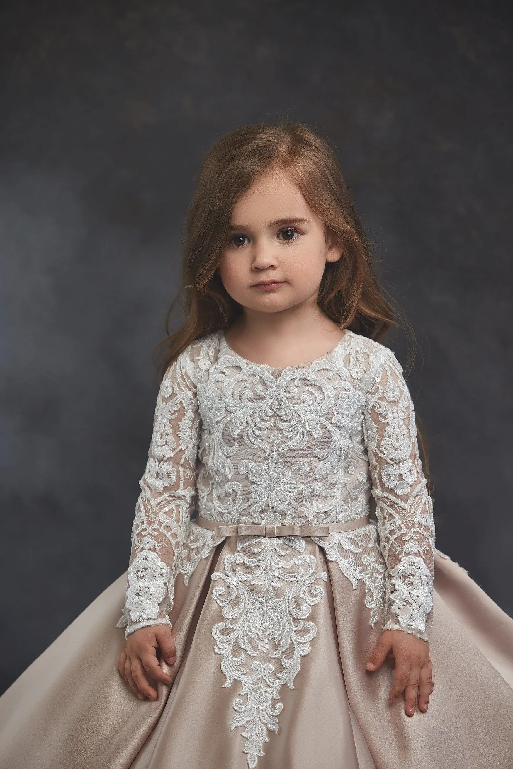 Long Sleeve Flower Girl Dress with Embroidered Train