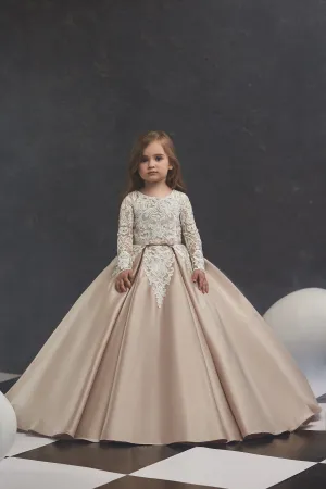 Long Sleeve Flower Girl Dress with Embroidered Train