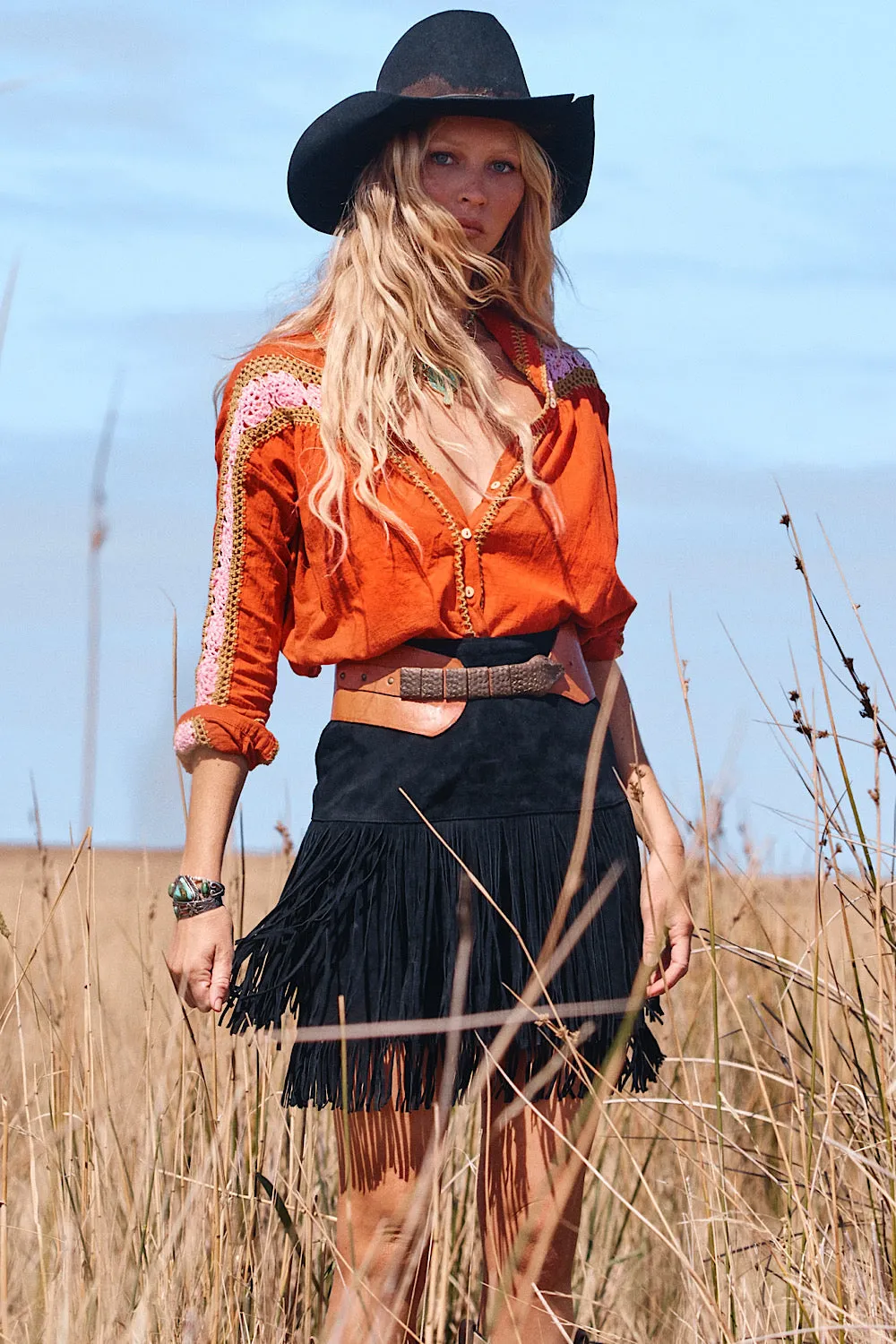 Love Is The Drug Cotton Gauze And Crochet Blouse - Burnt Orange