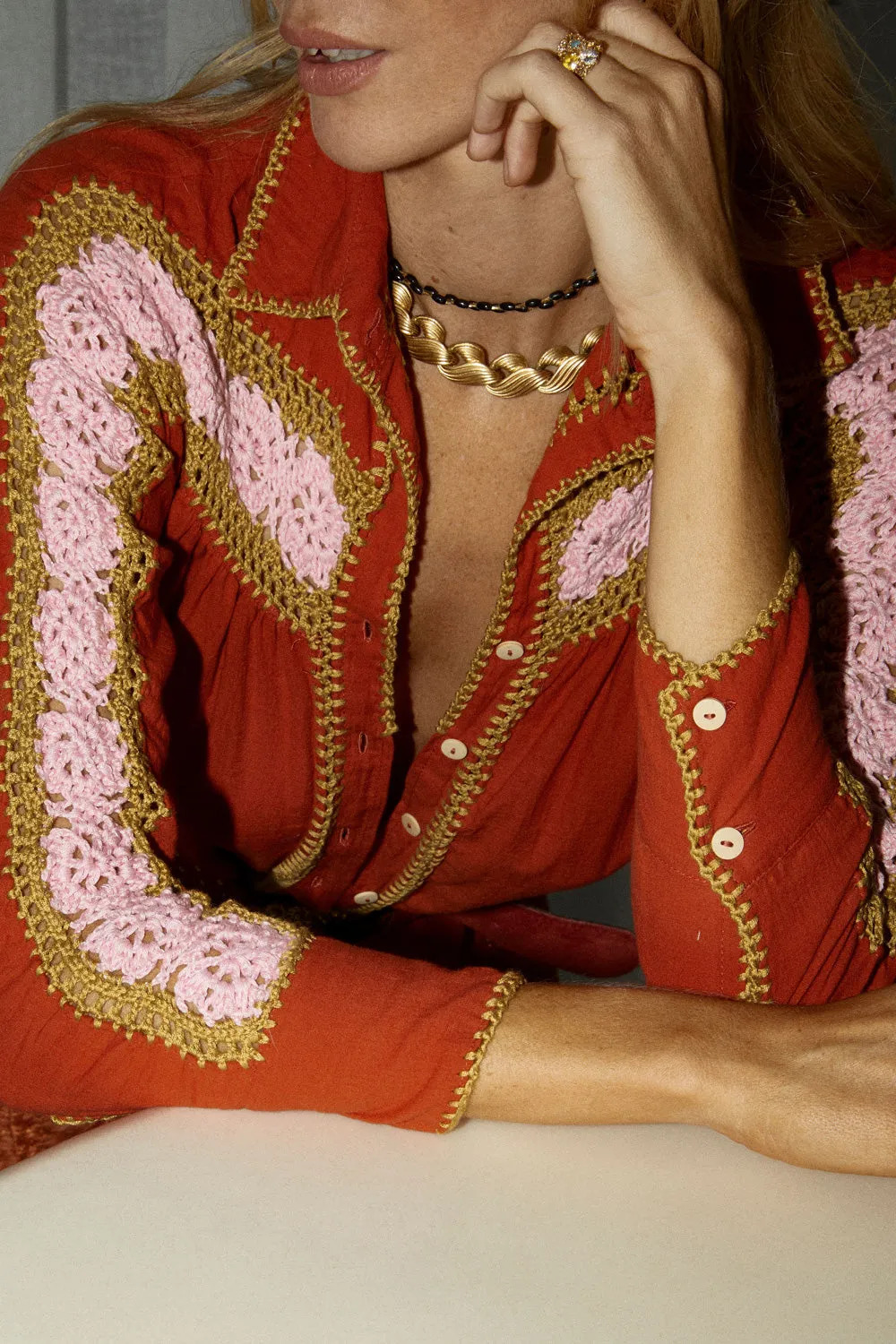 Love Is The Drug Cotton Gauze And Crochet Blouse - Burnt Orange