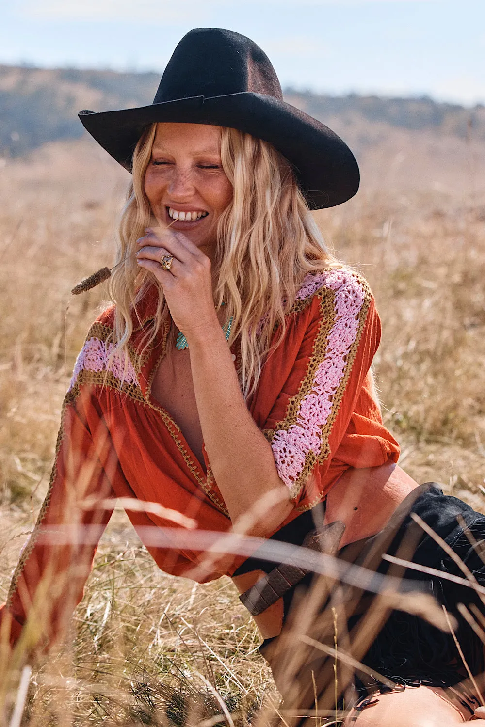 Love Is The Drug Cotton Gauze And Crochet Blouse - Burnt Orange