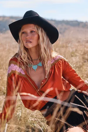 Love Is The Drug Cotton Gauze And Crochet Blouse - Burnt Orange