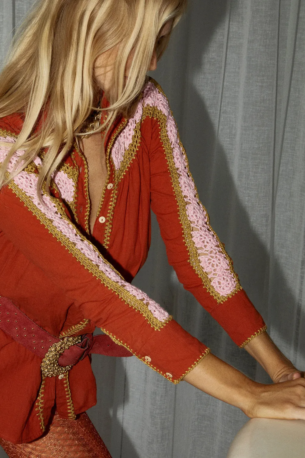 Love Is The Drug Cotton Gauze And Crochet Blouse - Burnt Orange