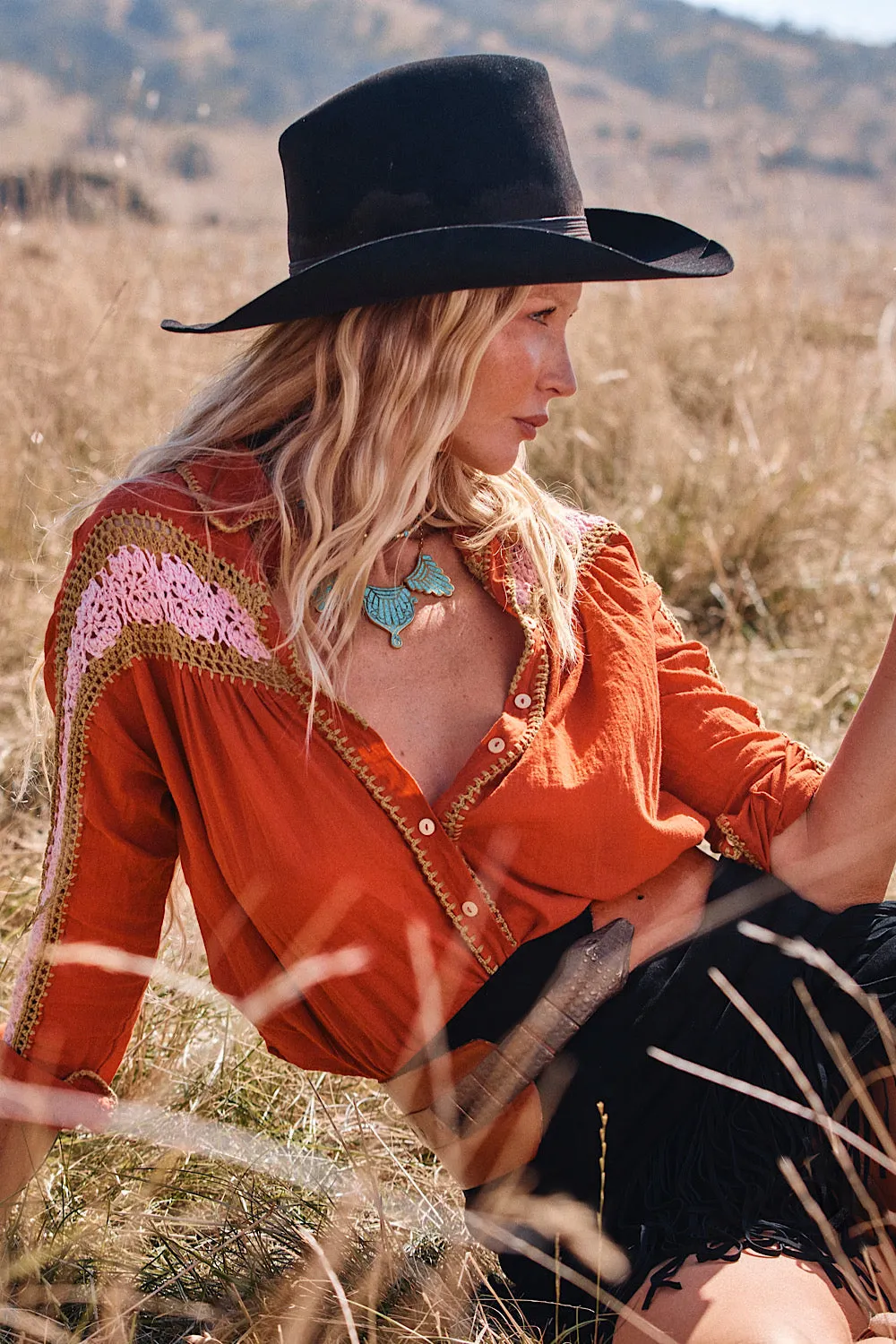 Love Is The Drug Cotton Gauze And Crochet Blouse - Burnt Orange