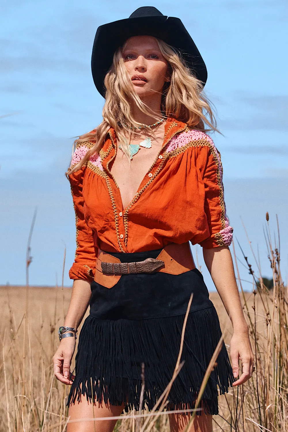 Love Is The Drug Cotton Gauze And Crochet Blouse - Burnt Orange