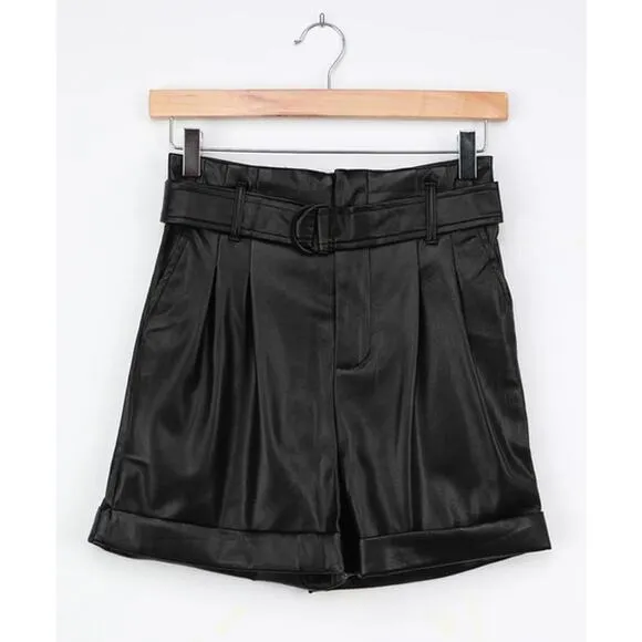 Lulus Take A Ride Black Vegan Leather Paperbag Waist Shorts Medium NEW