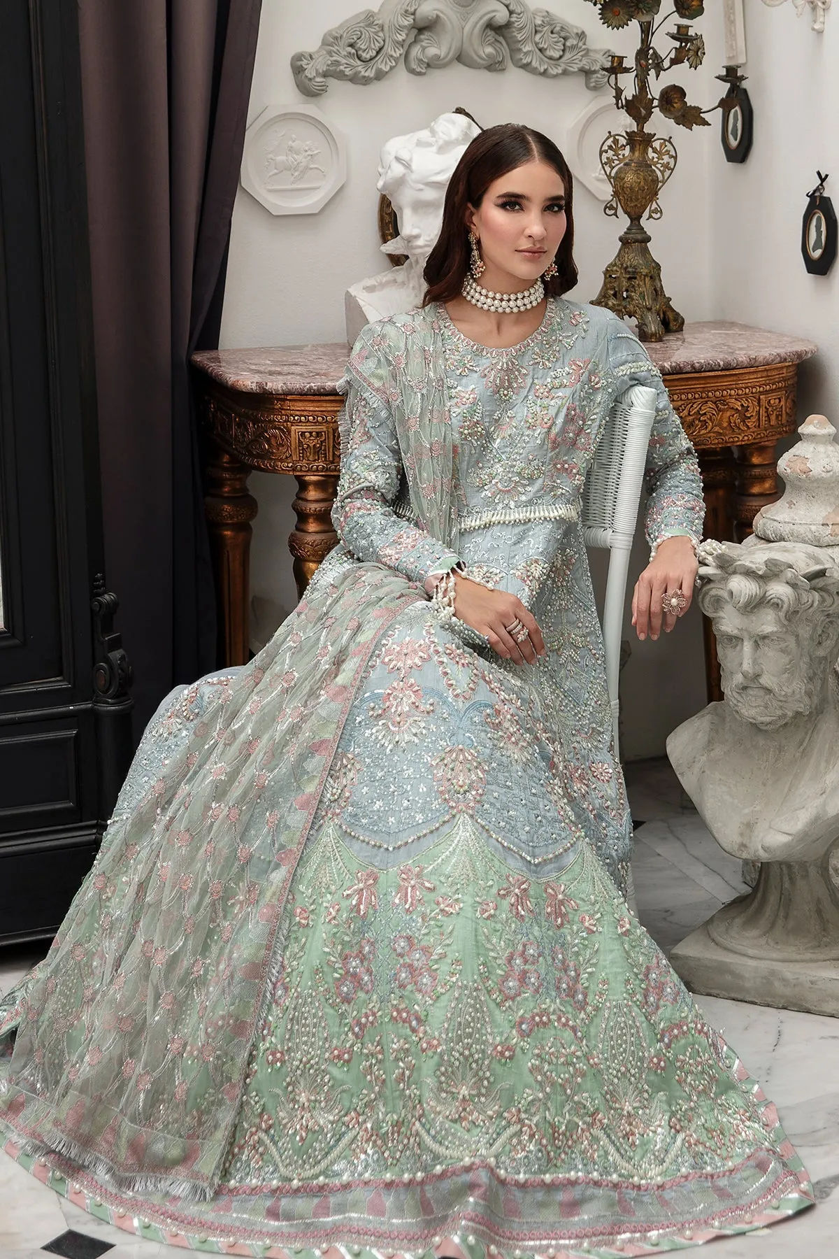 Luxury Ferozi Embroidered Pakistani Wedding Dress Pishwas Frock