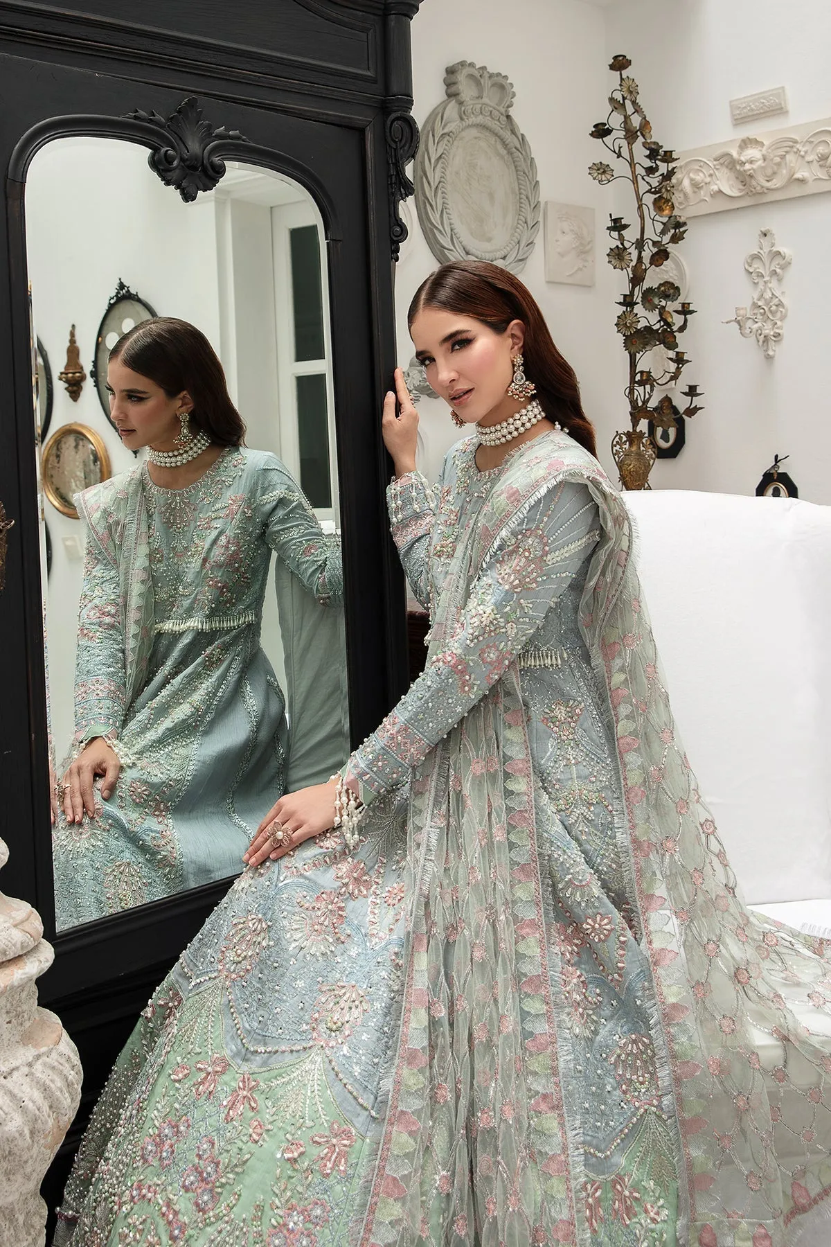 Luxury Ferozi Embroidered Pakistani Wedding Dress Pishwas Frock