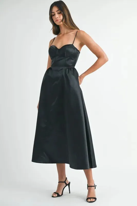 MABLE Solid Taffeta Spaghetti Strap Bustier Midi Dress