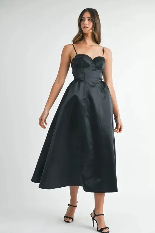 MABLE Solid Taffeta Spaghetti Strap Bustier Midi Dress