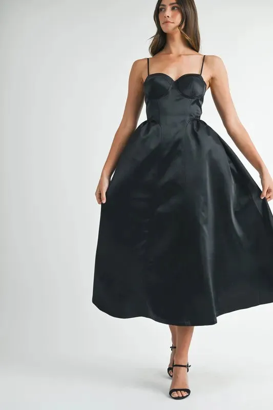MABLE Solid Taffeta Spaghetti Strap Bustier Midi Dress