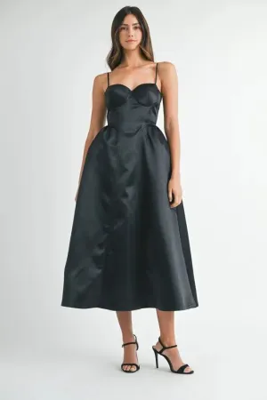 MABLE Solid Taffeta Spaghetti Strap Bustier Midi Dress