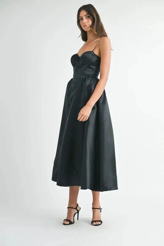 MABLE Solid Taffeta Spaghetti Strap Bustier Midi Dress