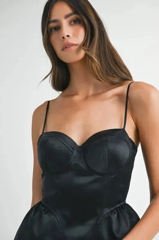 MABLE Solid Taffeta Spaghetti Strap Bustier Midi Dress