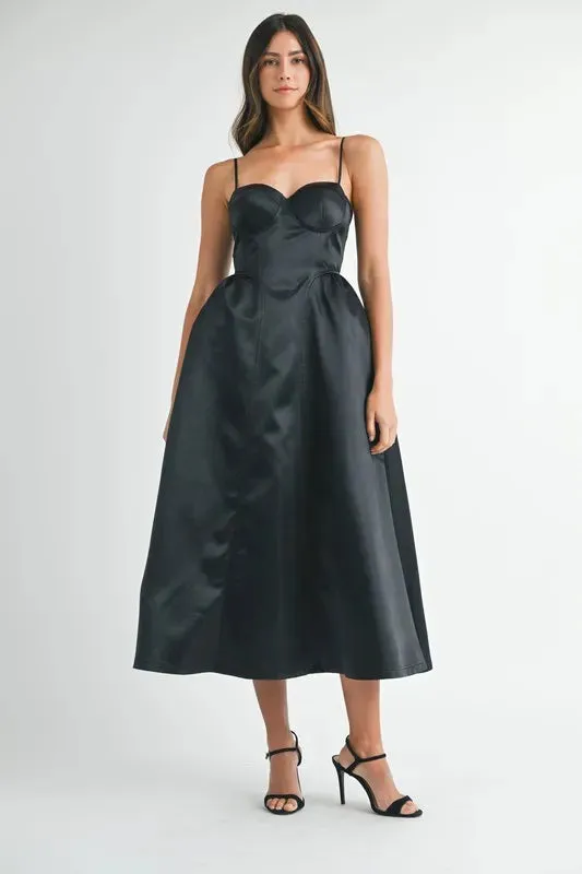 MABLE Solid Taffeta Spaghetti Strap Bustier Midi Dress