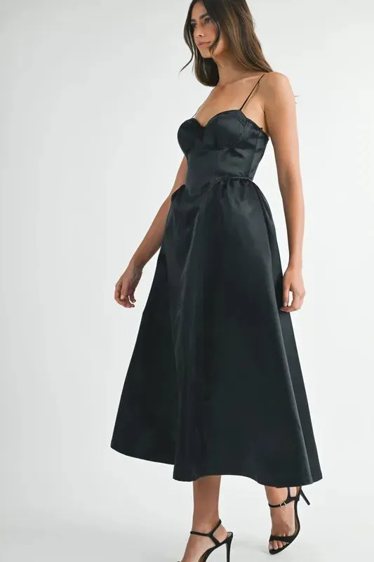 MABLE Solid Taffeta Spaghetti Strap Bustier Midi Dress