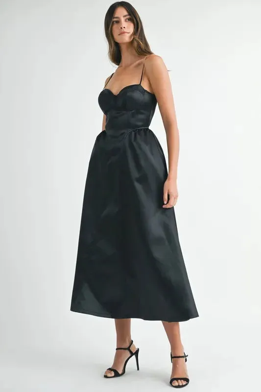 MABLE Solid Taffeta Spaghetti Strap Bustier Midi Dress