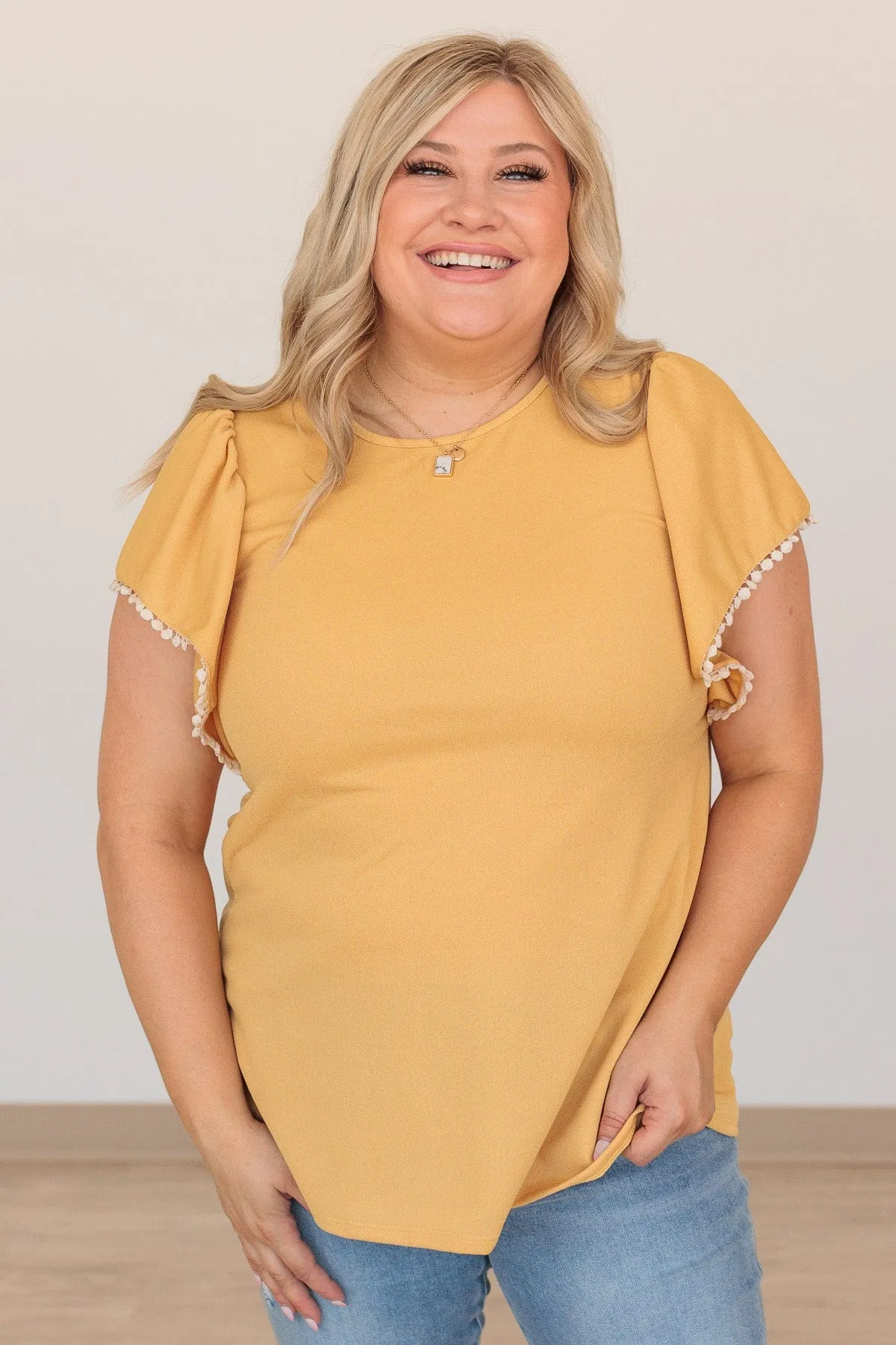 Made With Love Flutter Sleeve Top- Mustard