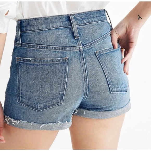 Madewell Cuffed Raw Hem High Rise Denim Shorts Lemoyne Wash Blue Size 24 NWT