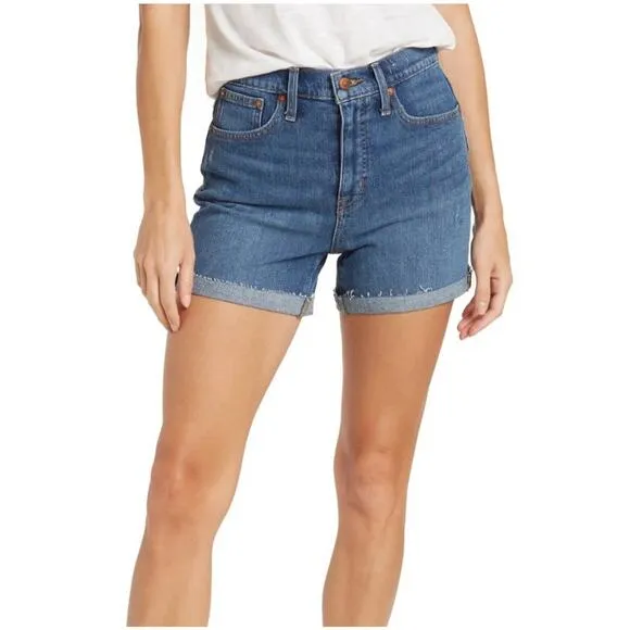 Madewell Cuffed Raw Hem High Rise Denim Shorts Lemoyne Wash Blue Size 24 NWT