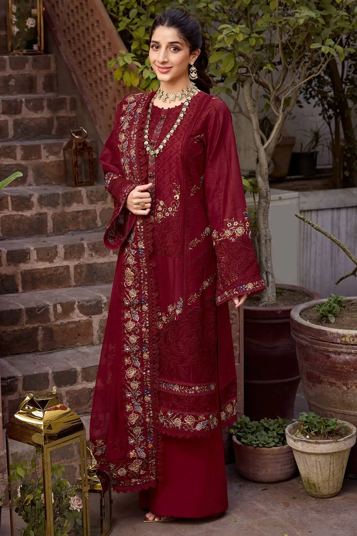 Maroon Pakistani Embroidered Kameez with Trousers Eid Dress