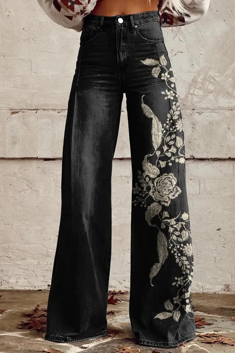 Melania® | Embroidered Floral Wide Leg Trousers