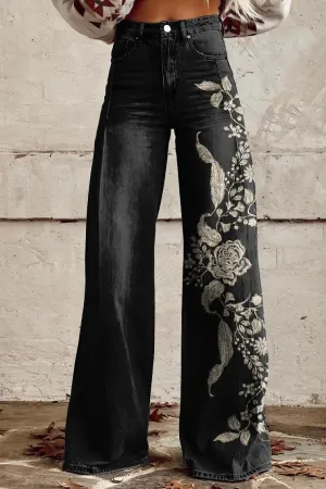 Melania® | Embroidered Floral Wide Leg Trousers