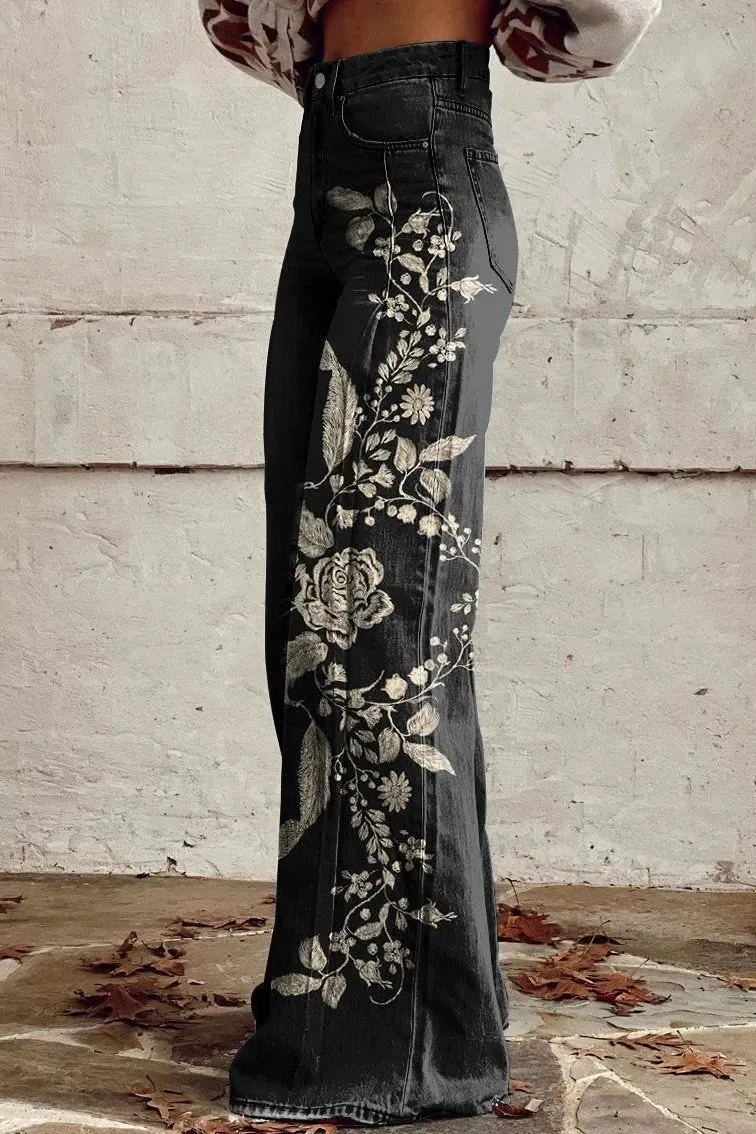Melania® | Embroidered Floral Wide Leg Trousers