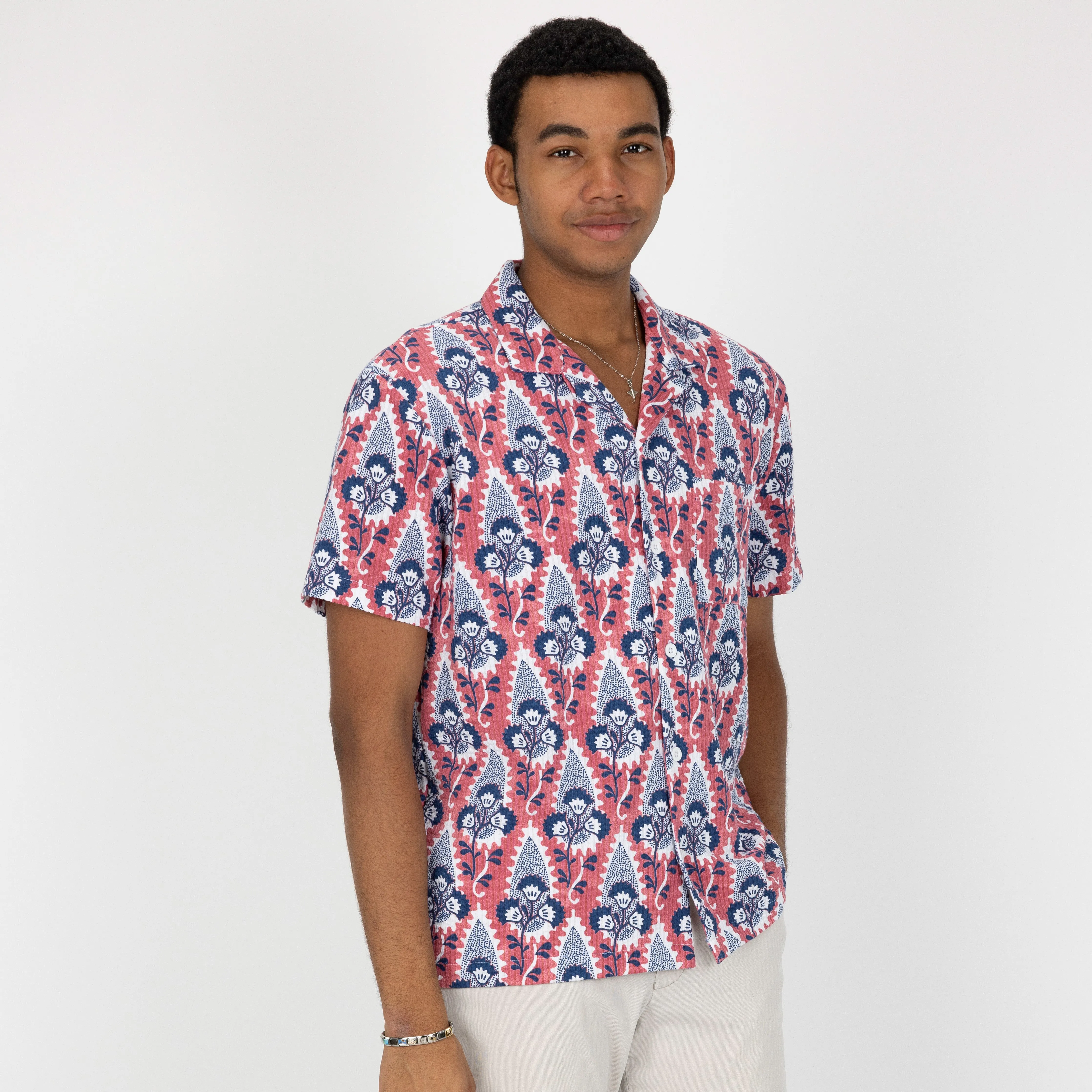 Mens Cool Knit Seersucker Camp Shirt - Desert Rose