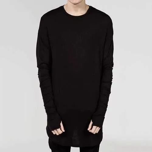 Mens Fashion Basics Long Style Solid Color T-shirt Brief Cotton Long Sleeve Round Neck Top Tee