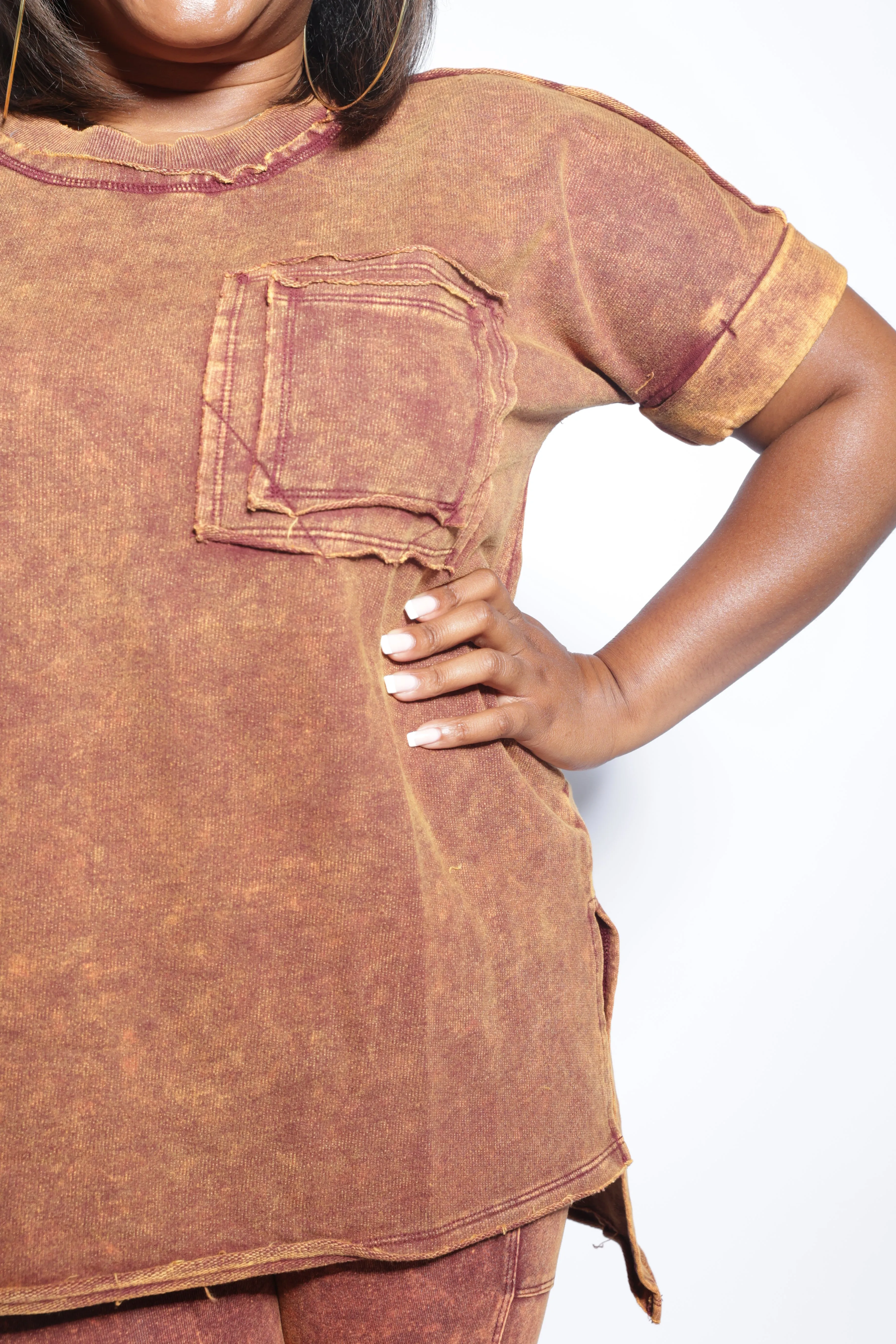 Mineral Wash Cuffed Sleeve Top