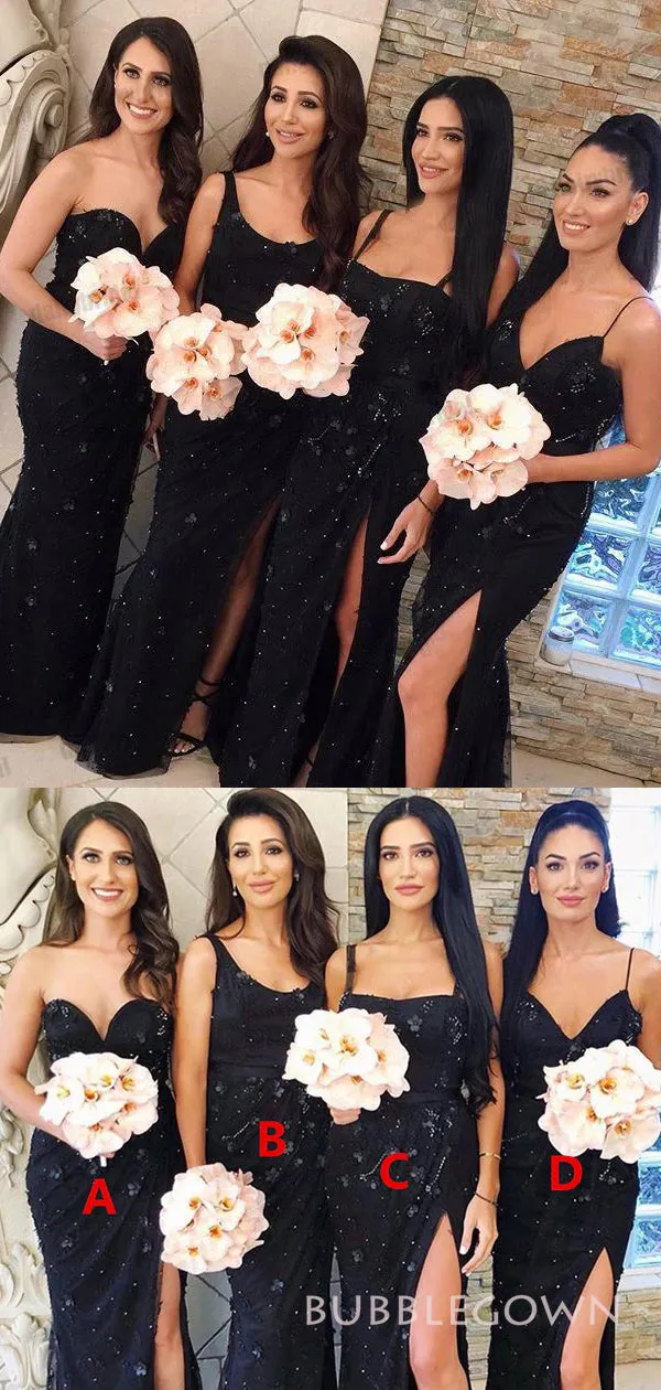 Mismatched Navy Blue Mermaid Long Custom Side Slit Bridesmaid Dresses, BGB0147