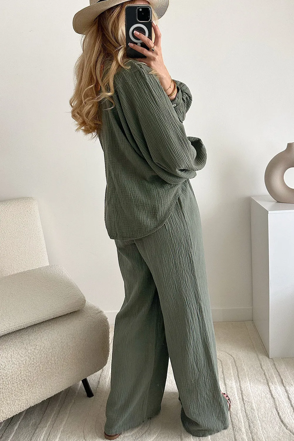 Mist Green Crinkle Split Neck Top Loose Drawstring Pants Set