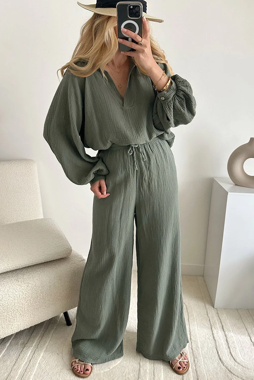 Mist Green Crinkle Split Neck Top Loose Drawstring Pants Set
