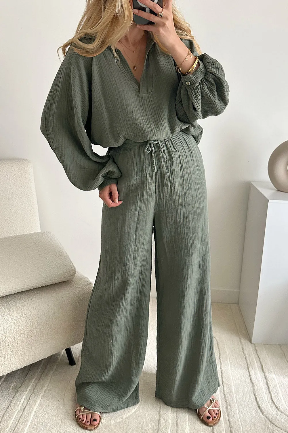 Mist Green Crinkle Split Neck Top Loose Drawstring Pants Set